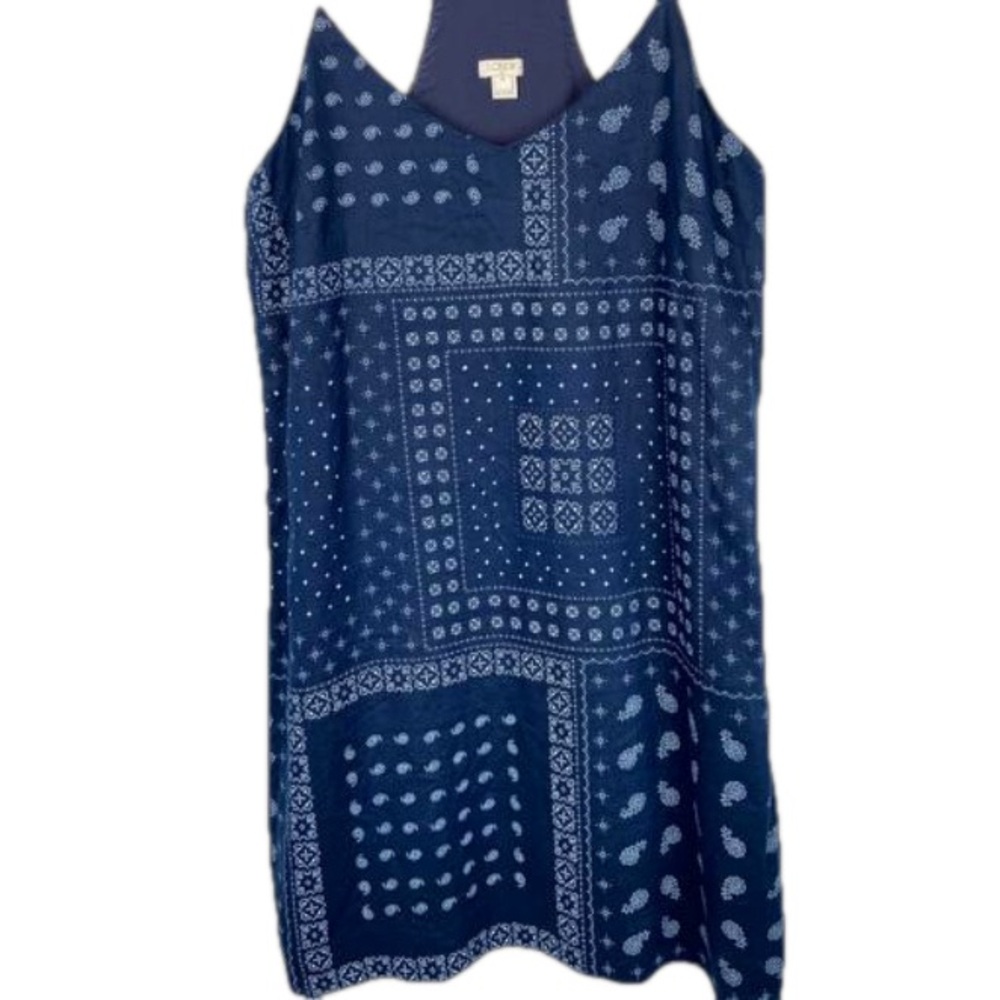EUC J. Crew Linen Blend Blue Bandana Print T Back Dress Cotton Lined Size 14